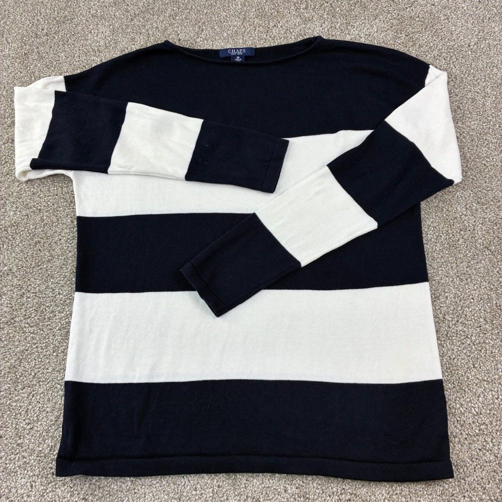 Chaps Sweater Women M Blue White Striped Boat Neck Long Sleeve Nautical Knit